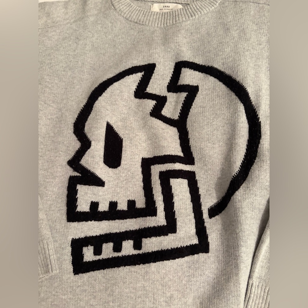 Zara boys collection Light Gray Crewneck Sweater with Skull Design - Picture 2 of 7